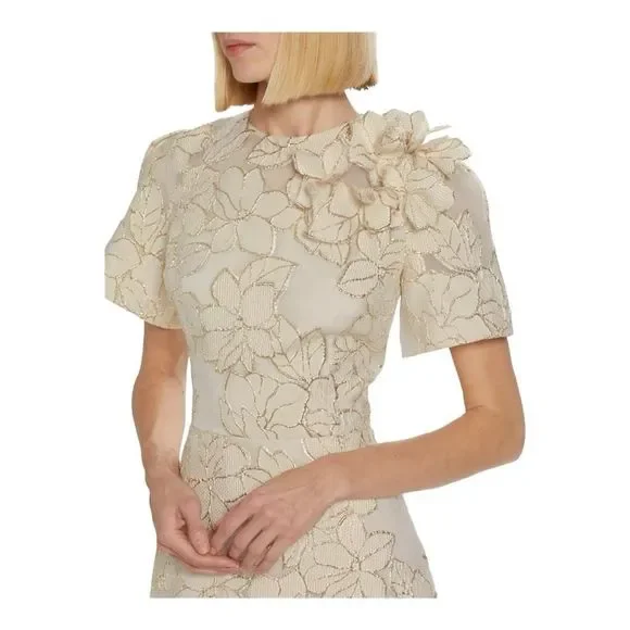 ❌❌ Sold Teri Jon by Rickie Freeman Ivory and Gold Floral Jacquard A-line Gown - Picture 6 of 12